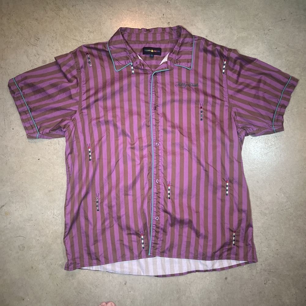 Teddy Fresh Button Down Shirt Striped Embroidered Pink Brown Mens 3XL